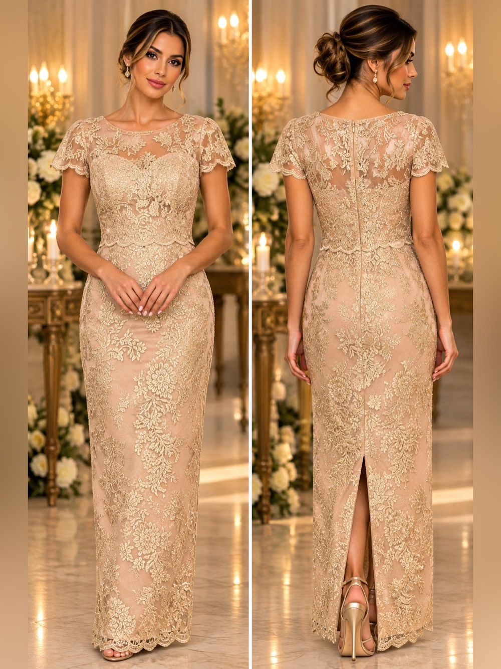 Adrianna Papell Gold Metallic Floral Lace Mock Two Piece Formal Evening Gown 6